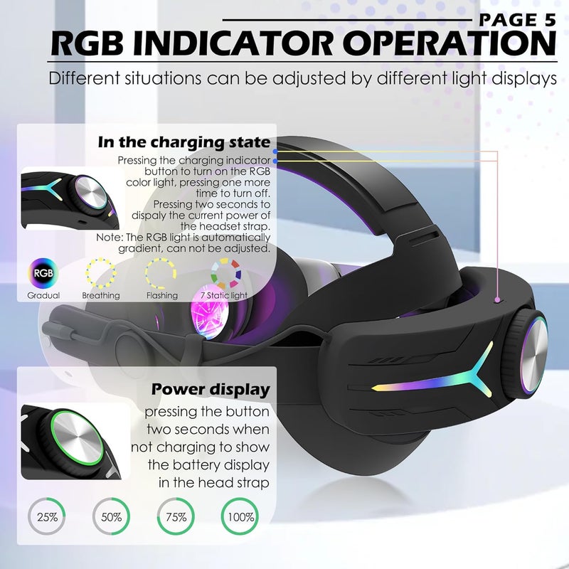 Orzero Upgraded 12000mah Battery Head Strap Compatible for Quest 3S, 9V 2A PD Fast Charging Extended Gaming Time with RGB Light Exclusively Designed Accessories for Quest 3s - Black - Image 4